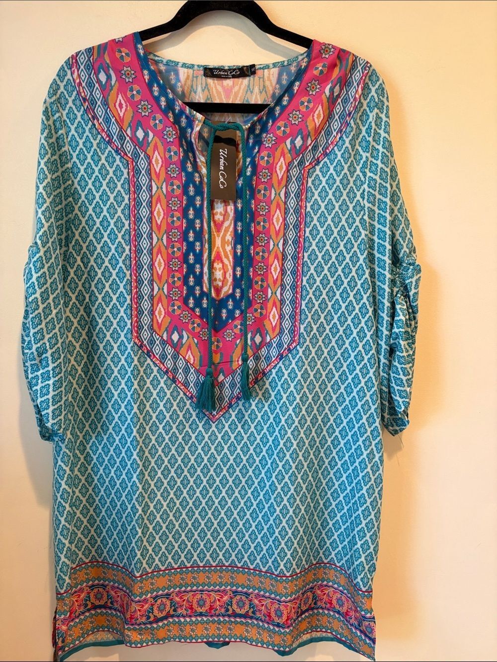 Urban Coco Turquoise Tunic with Pink & Navy Embroidered Bib